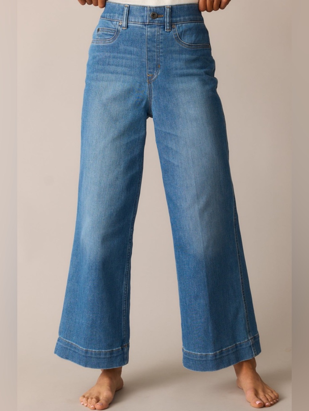 SPANX Medium Wash Pull-On Cropped Wide Leg Jeans High Rise Shaping Denim Large